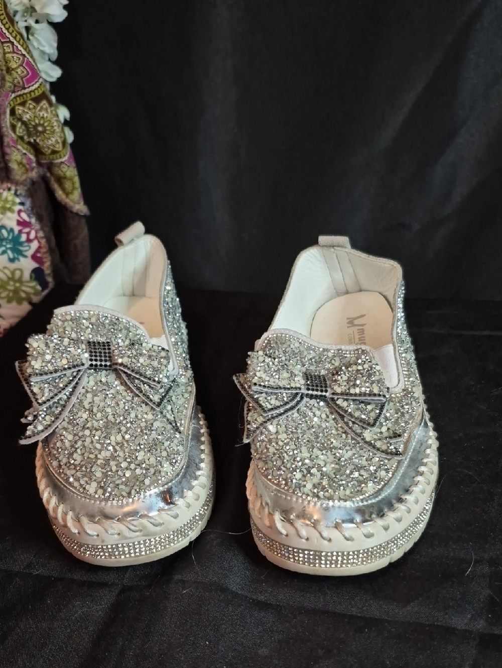 Sparkling Silver Platform Slip-On Shoes with Decorative Bow